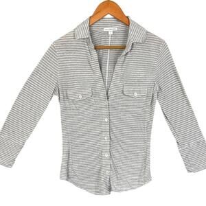James Perse Button Up Shirt Contrast Slub Side Panel Gray White Stripe Size S